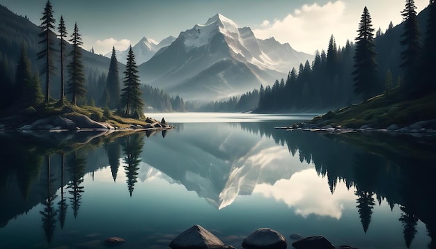 Photo a serene of mountain lake landscape with a calm lake in the background 1