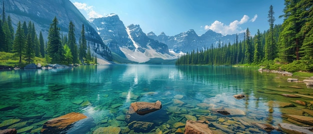 Serene Mountain Lake Landscape with Pine Trees Clear Water and Blue Sky Reflection