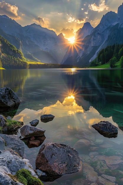 Photo a serene mountain lake scene with a sunset in the background