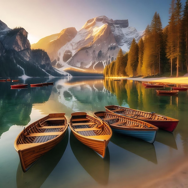 A serene mountain lake at sunrise with clear calm water reflecting