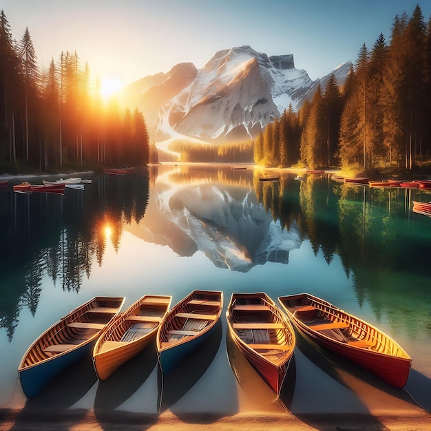 A serene mountain lake at sunrise with clear calm water reflecting