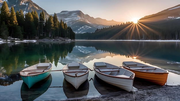 A serene mountain lake at sunrise with clear calm water reflecting