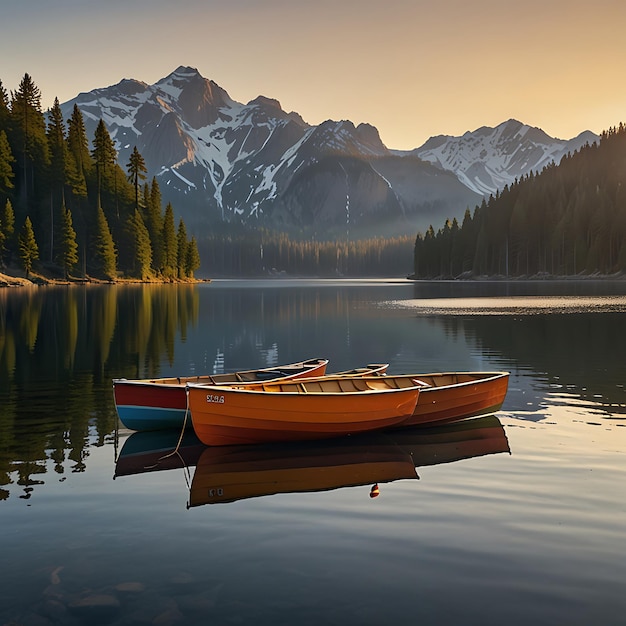 A serene mountain lake at sunrise with clear calm water reflecting