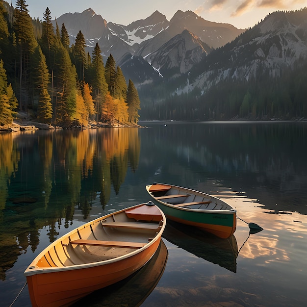 A serene mountain lake at sunrise with clear calm water reflecting