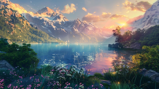 Serene Mountain Lake at Sunset