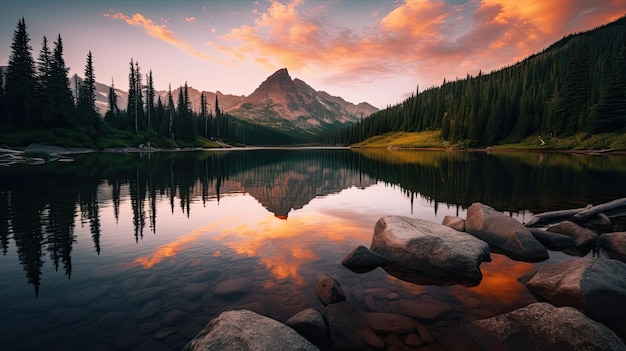 Serene mountain lake at sunset