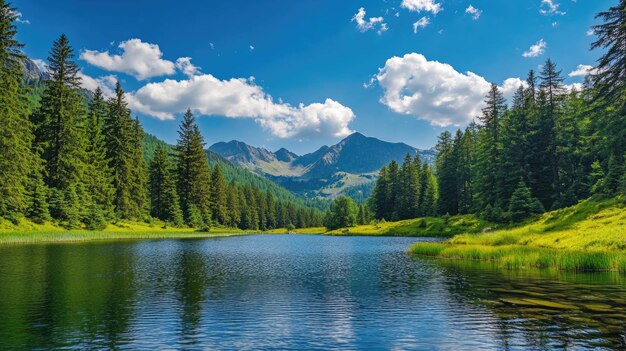 Photo serene mountain lake surrounded by lush forest under clear blue sky