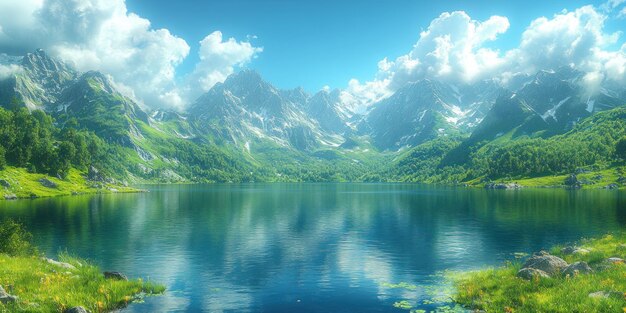 Serene Mountain Lake Surrounded by Lush Green Slopes and SnowCapped Peaks