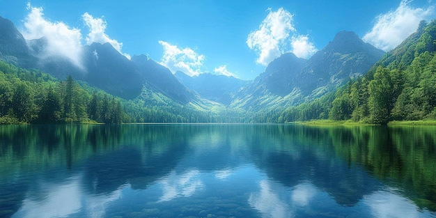 Serene Mountain Lake with Blue Sky and Clouds Reflected in the Water