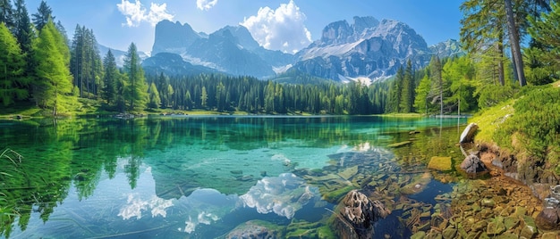 Serene mountain lake with crystal clear water surrounded by dense forest and towering peaks reflecting the pristine beauty of nature