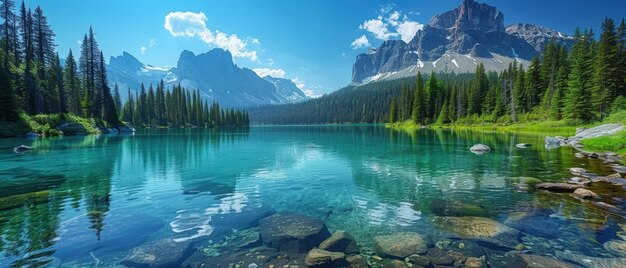 Serene mountain lake with crystal clear water surrounded by dense forest and towering peaks reflecting the pristine beauty of nature