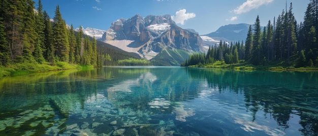 Serene mountain lake with crystal clear water surrounded by dense forest and towering peaks reflecting the pristine beauty of nature