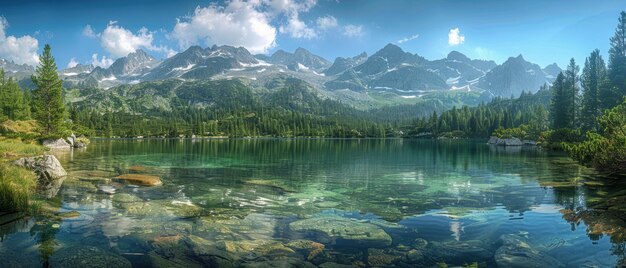 Serene mountain lake with crystal clear water surrounded by dense forest and towering peaks reflecting the pristine beauty of nature