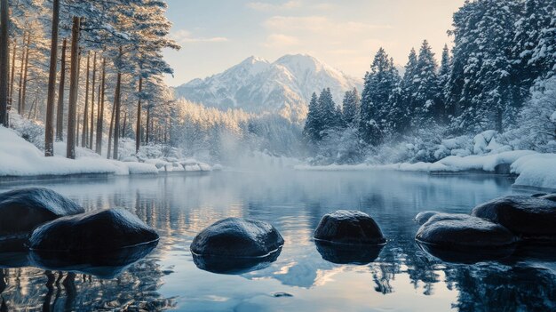 Photo a serene mountain lake with fog and snowcovered trees