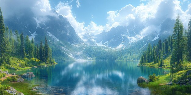 Serene Mountain Lake with Lush Green Trees and SnowCapped Peaks