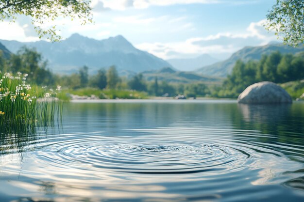 Photo serene mountain lake with rippling water and misty hills