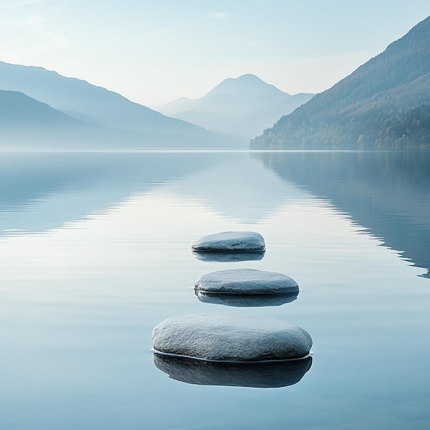 Photo serene mountain lake with rippling water and misty hills