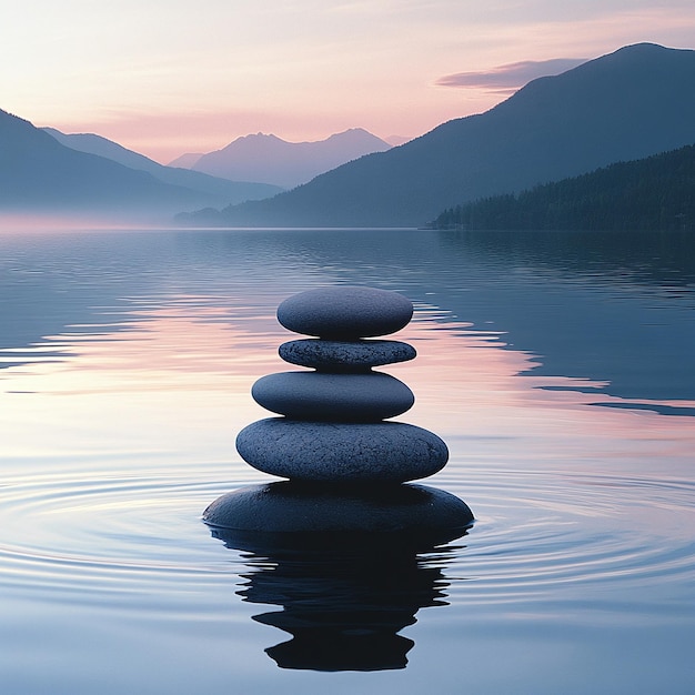 Photo serene mountain lake with rippling water and misty hills