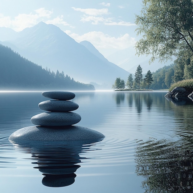 Photo serene mountain lake with rippling water and misty hills