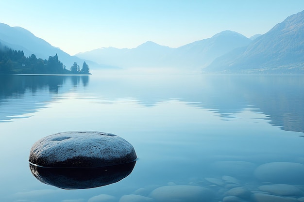 Photo serene mountain lake with rippling water and misty hills