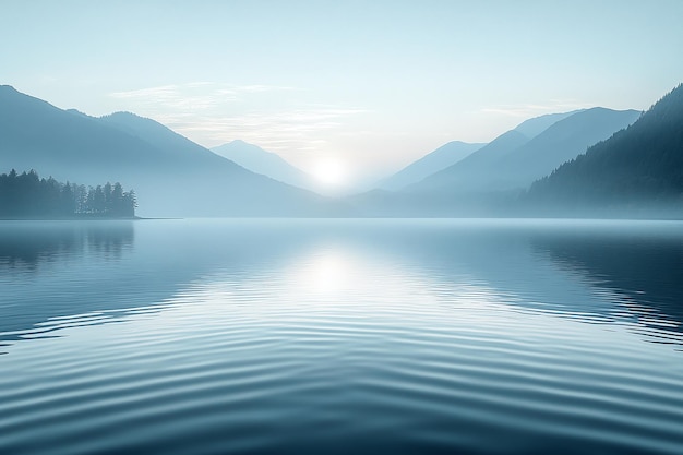 Photo serene mountain lake with rippling water and misty hills