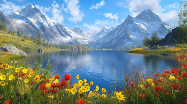 A serene mountain lake with snowcapped peaks in the background reflecting the clear blue sky The foreground is adorned with vibrant red and yellow wildflowers adding a touch of color to the landscape