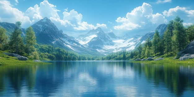 Serene Mountain Lake with SnowCapped Peaks and Lush Greenery