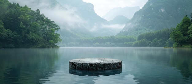 Serene Mountain Lake with Stone Platform