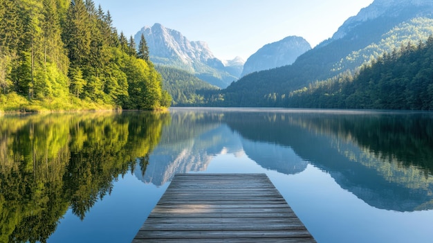 Photo serene mountain lake with wooden dock