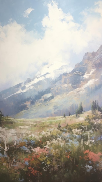 Serene mountain landscape painting