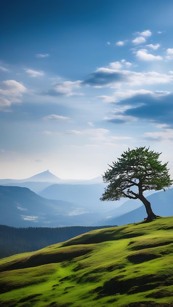 Photo serene mountain landscape with a lone tree