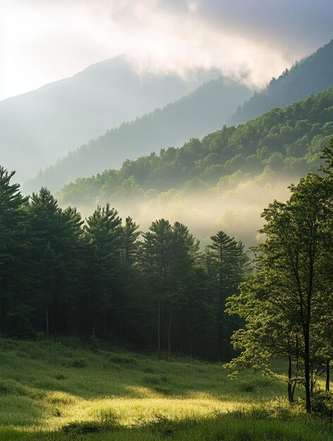 Photo serene mountain landscape with misty forest and lush greenery