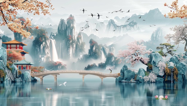 Serene Mountain Landscape with Pagoda and Bridge