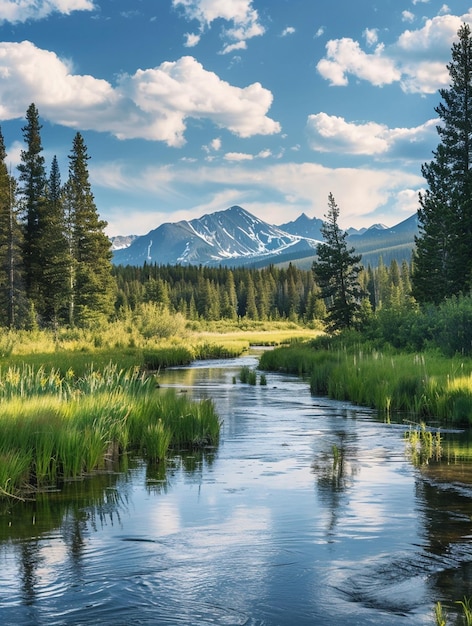 Serene Mountain Landscape with Reflective Stream and Lush Greenery