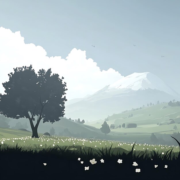 Serene Mountain Landscape with a Single Tree and a Field of Flowers