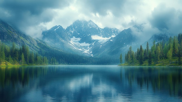 Serene mountain landscape with a tranquil lake and cloudy sky