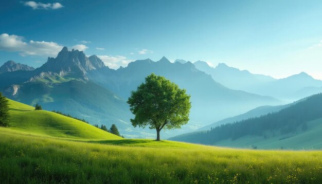 Photo serene mountain meadow with a lonely tree under a bright blue sky perfect for wallpaper or background