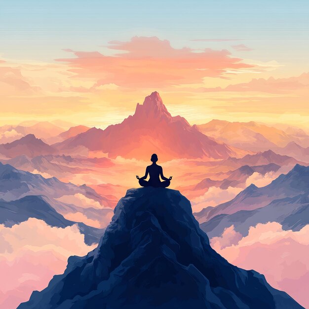 Photo serene mountain peak sunrise with person meditating in lotus position vector artwork for tshirt