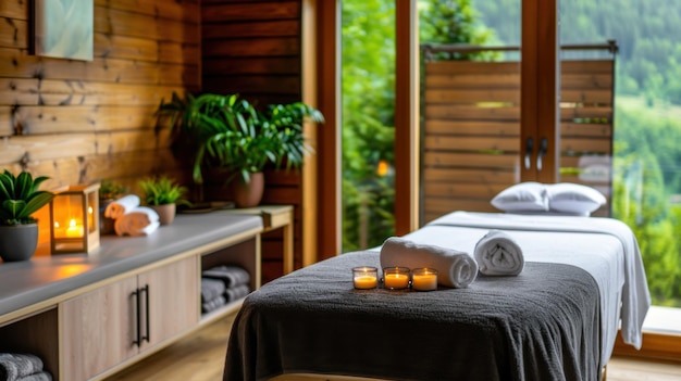 Photo a serene mountain spa massage room with lit candles soft lighting and a nature view evoking a sense of peace and relaxation