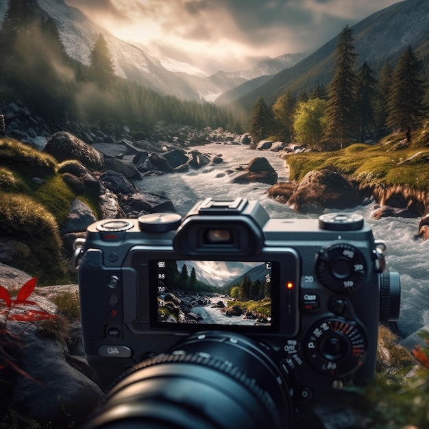 serene mountain stream captured through a camera lens