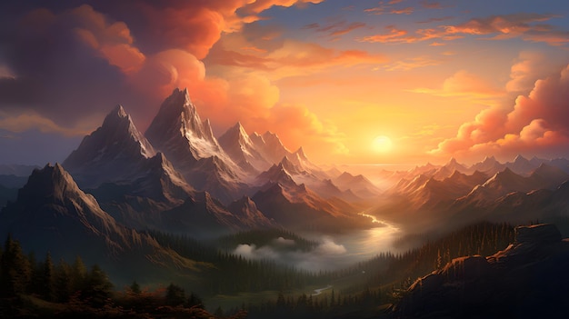 Serene Mountain Sunrise A captivating photograph of a sunrise painting the sky in vibrant