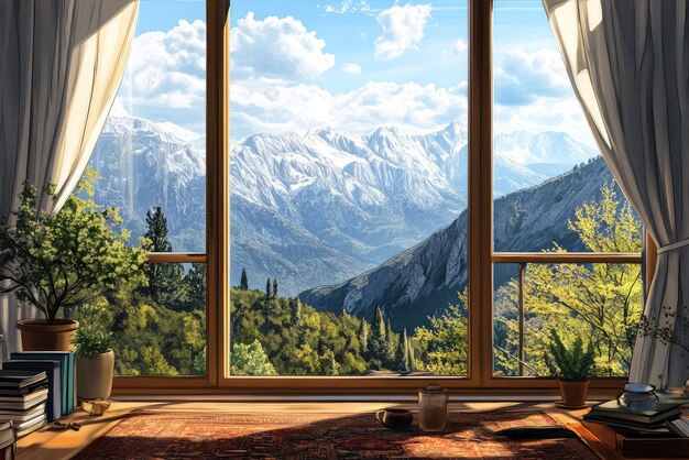 Serene Mountain Vista Through a Cozy House Window A Perfect Blend of Nature and Comfort