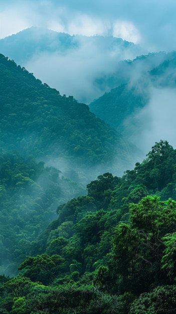 Serene mountain vista with layers of mist tranquility background with copyspace