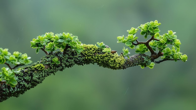 Photo serene musgocovered tree branch on vibrant green background