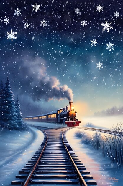 A serene and mystical night scene featuring a winding railway track that disappears into the darknes