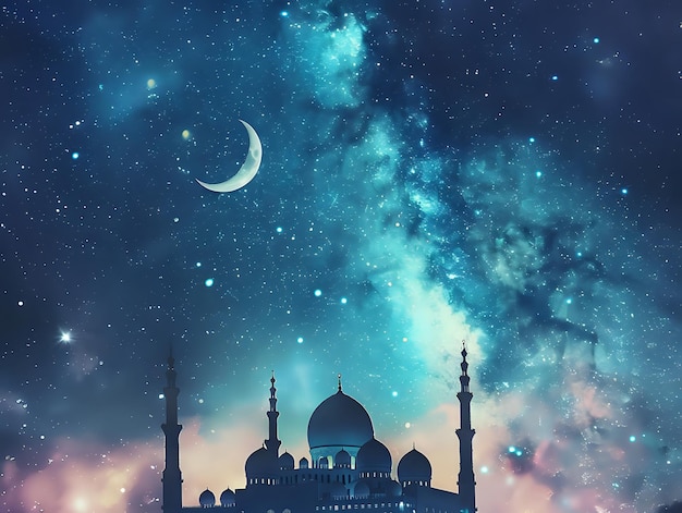 Serene and Mystical Night Sky with Mosque Silhouette and Celestial Bodies