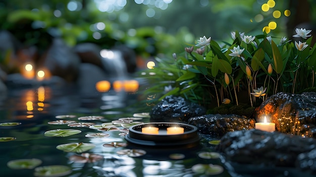 Photo serene natural spa garden with soft music for relaxing treatments