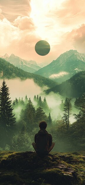 Photo serene nature escape contemplative figure in enchanted landscape with celestial sphere