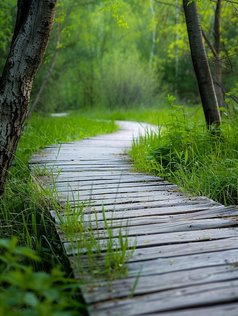 Serene Nature Pathway Tranquil Wooden Walkway Through Lush Greenery