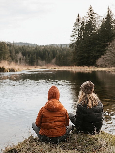 Photo serene nature retreat friends enjoying peaceful river view in cozy winter attire